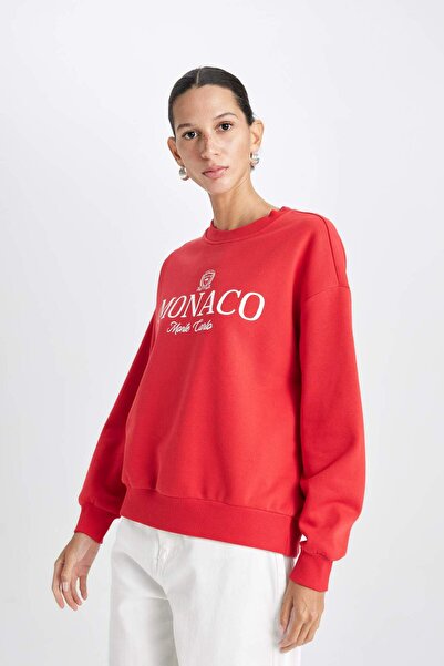 DeFacto Relax Fit Bisiklet Yaka Baskılı Kalın Kırmızı Sweatshirt D6715AX24WN