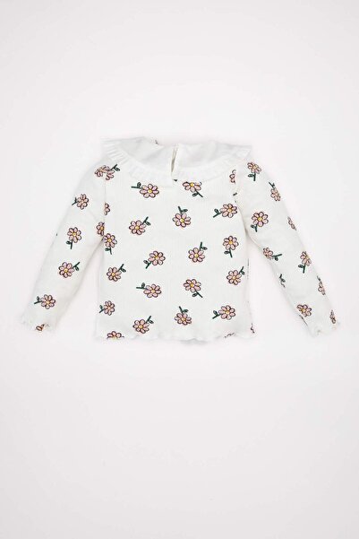 DeFacto Beige Long Sleeve T-Shirt - Baby Girl, Frilly, Floral Print, Ribbed Camisole D6194A5Ns