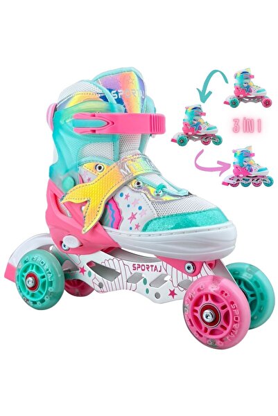 Sportaj Deniz Kızı Işıklı Paten 2+2 Kız Çocuk Pateni Silikon Teker,Taşıma Çan...