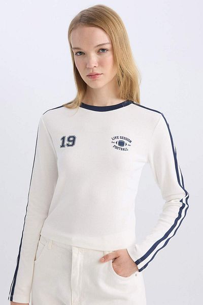 DeFacto Coool Tailliertes, bedrucktes, geripptes Langarm-T-Shirt D8073AX24AU