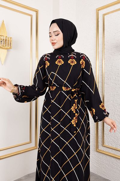 Tesettür Dünyası Baklava Patterned Floral Viscose Dress Tsd250203 Black