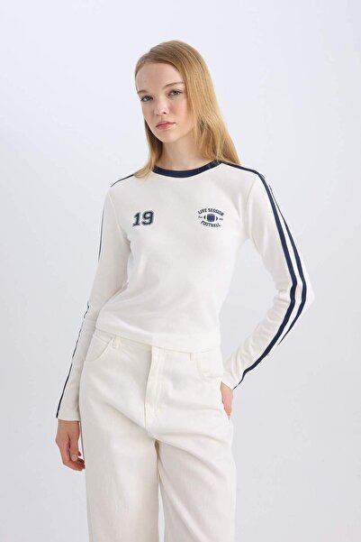 DeFacto Coool Fitted Body Fitting Printed Rib Long Sleeve T-Shirt D8073Ax24Au