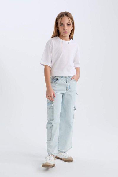 DeFacto Pantaloni largi din denim pentru fete, cu buzunare cargo, cu picioare largi C8543A824AU