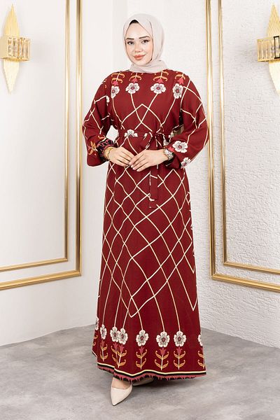 Tesettür Dünyası Baklava Patterned Floral Viscose Dress Tsd250203 Burgundy