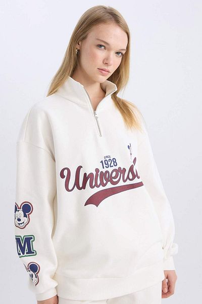 DeFacto Cool Disney Mickey & Minnie, oversize, cu fermoar, cu guler în picioare, imprimat, alb, gros