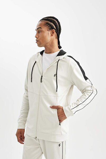 DeFacto Men's Beige Fit Standard Fit Regular Cut Zippered Diver Fabric Hooded Cardigan B4535Ax24Au