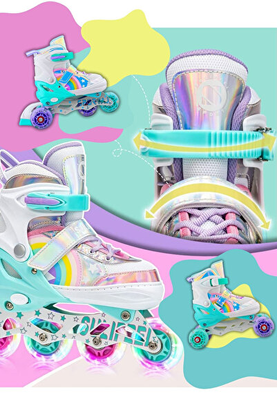 Sportaj Unicorn Işıklı Paten Kask Koruma Seti 2+2 Gökkuşağı Kız Çocuk Pateni Silikon Teker,Taşıma Çantalı 3