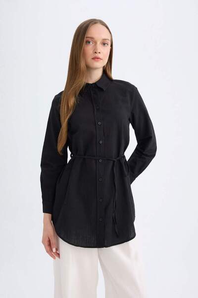 DeFacto Regular Fit Poplin Basic Düz Uzun Kollu Siyah Gömlek Tunik D4160AX24AU