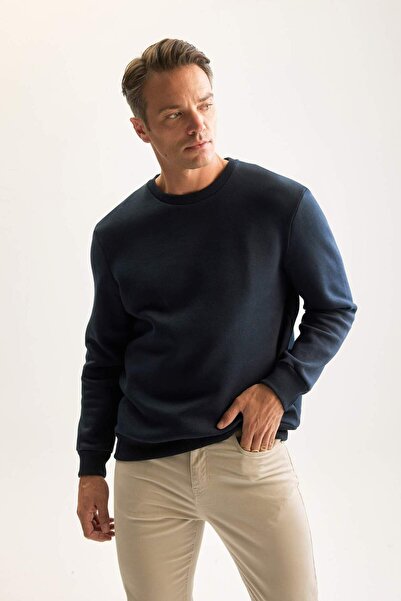 DeFacto Sötétkék 3 szálas pamut, felső belső polár normál szabású, vastag pulóver D7876AXNS