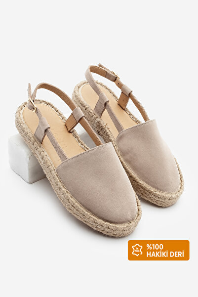 Marjin Beige Suede Women's Sandals - Genuine Leather, Open Back Jute Espadrilles