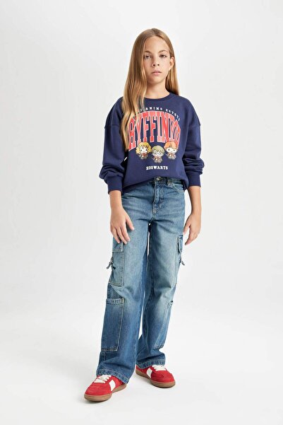 DeFacto Kız Çocuk Lacivert Harry Potter Relax Fit Bisiklet Yaka Sweatshirt D3865A824AU