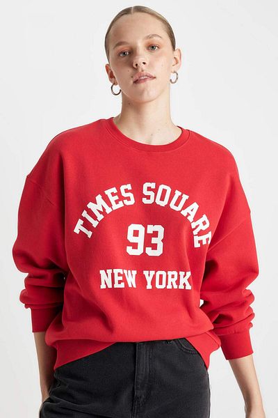 DeFacto Loose Fit Crew Neck Printed Thick Red Sweatshirt C7813Ax24Wn