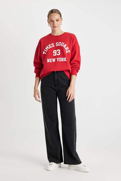 DeFacto Loose Fit Crew Neck Printed Thick Red Sweatshirt C7813Ax24Wn