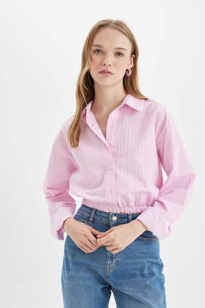 DeFacto Oversize Geniş Kalıp Çizgili Etek Ucu Lastikli Poplin Uzun Kollu Gömlek D4007AX24AU