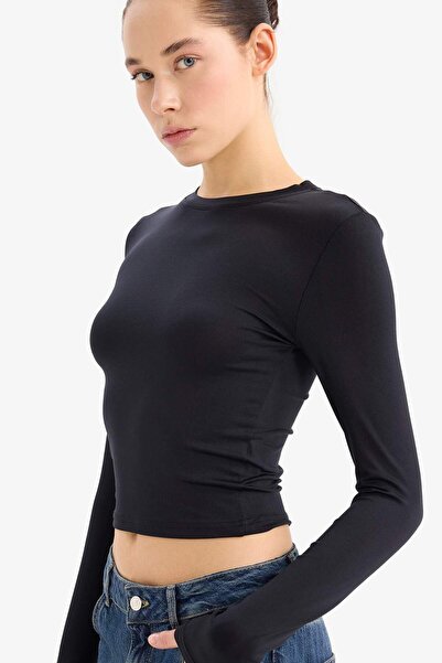 DeFacto Černé tričko s dlouhým rukávem a vypasovaným tělem D0199AX24AU