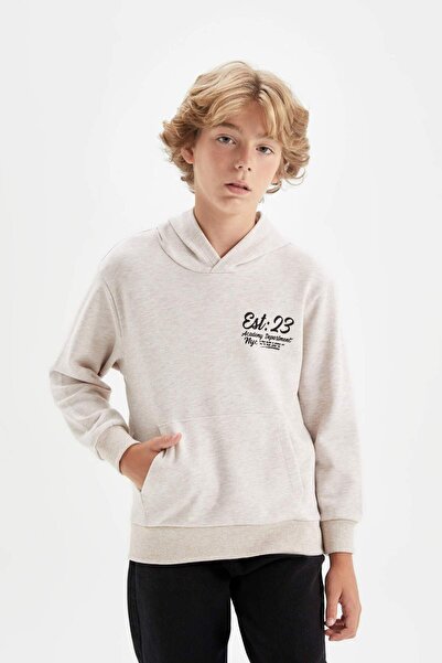 DeFacto Erkek Çocuk Bej Kapüşonlu Baskılı Okul Sweatshirt C7557A824AU
