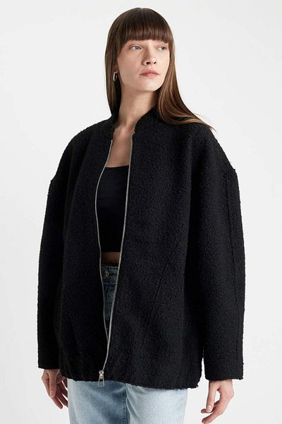 DeFacto Oversize Wide Fit College Collar Straight Zipper Lightweight Long Cashmere Bomber Jacket Coats C3562Ax24Au