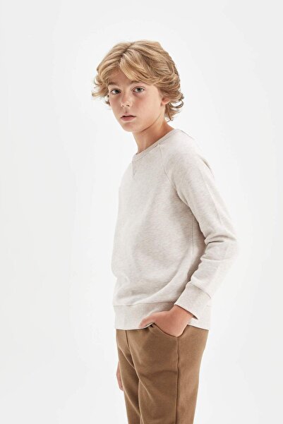 DeFacto Boy's Beige Crew Neck Basic Plain School Sweatshirt C7566A824Au
