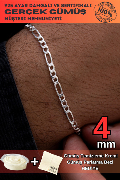 OSMANLI GÜMÜŞ Erkek Gümüş Bileklik - 4mm Figaro Model 925 Ayar Sertifikalı Faturalı Damgalı Erkek Gümüş Bileklik