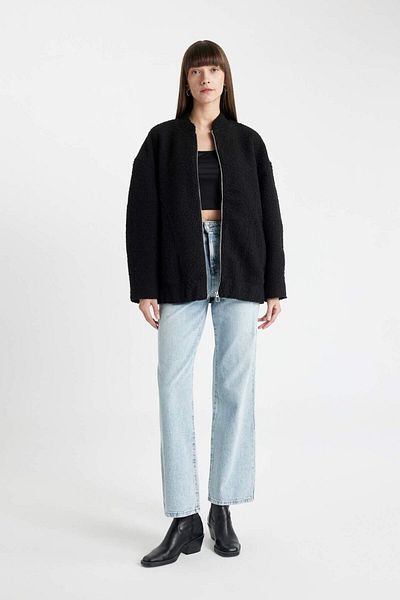 DeFacto Oversize Wide Fit College Collar Straight Zipper Lightweight Long Cashmere Bomber Jacket Coats C3562Ax24Au