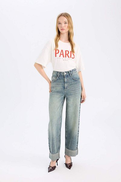 DeFacto Baggy Fit High Waist Folded Leg Ankle Length Jean Washed Pants D5440Ax24Au