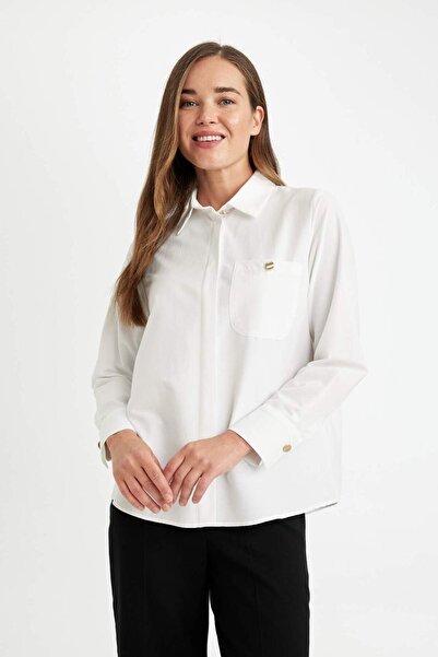 DeFacto Relax Fit Düğmeli Cepli Basic Düz Poplin Uzun Kollu Gömlek D1076AX24AU