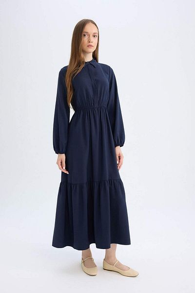 DeFacto Shirt Collar Basic Plain Buttoned Gathered Waist Long Sleeve Maxi Navy Dress D5851Ax24Au
