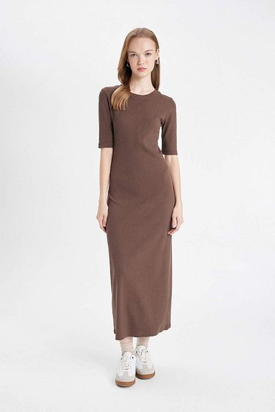 DeFacto Bodycon Bodycon Crew Neck Basic Plain Ribbed Camisole Short Sleeve Maxi Dress D8623Ax24Au