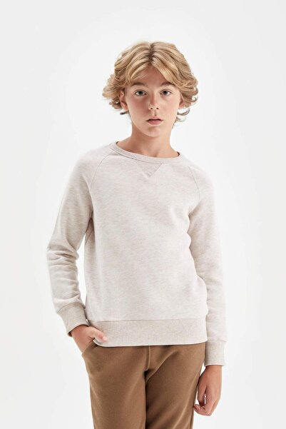 DeFacto Boy's Beige Crew Neck Basic Plain School Sweatshirt C7566A824Au