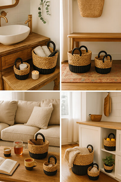 favorbox Kulplu Hasır Sepet 3'lü Organizer, El Örmesi, Düzenleyici, Saksılık