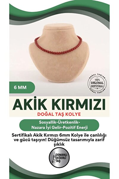 OSMANLI DEĞERLİ TAŞ Sertifikalı Akik Kırmızı 6mm Kolye (düğümsüz)