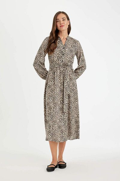 DeFacto Apaş-Kragen, Leopardenmuster, Knopfleiste, lange Ärmel, Viskose, Maxikleid mit Gürtel D1070AX24AU