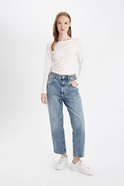 DeFacto Baggy Fit High Waist Folded Leg Ankle Length Jean Washed Pants D5442Ax24Au