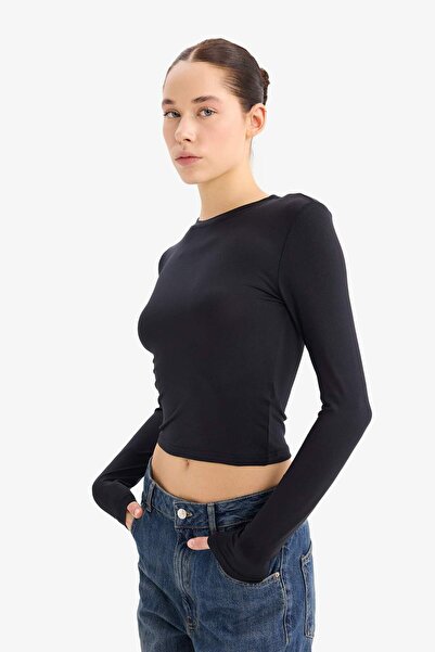 DeFacto Černé tričko s dlouhým rukávem a vypasovaným tělem D0199AX24AU