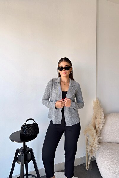 NEW LAVİVA Women's Gray Long Sleeve, Soft Texture, Double Sided Collar, Cardigan Jacket