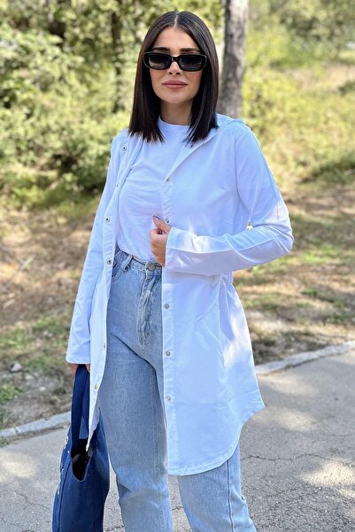 NEW LAVİVA Дамско бяло яке с дълги ръкави, еластична талия, джобове, качулка и дъждобран