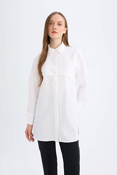 DeFacto Relax Fit Gömlek Yaka Poplin Basic Düz Uzun Kollu Beyaz Gömlek Tunik D4773AX24AU