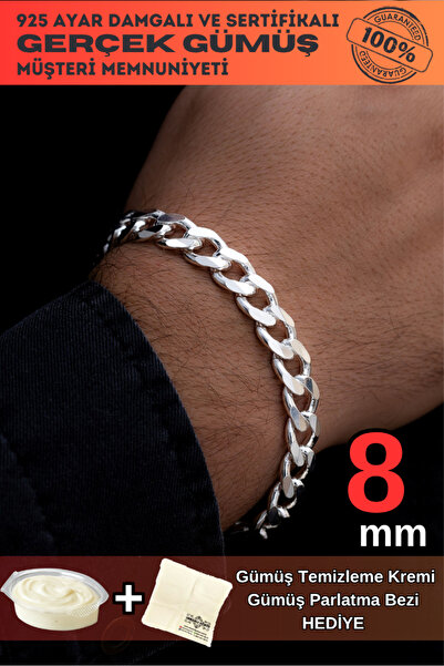 OSMANLI GÜMÜŞ Erkek Gümüş Bileklik - 8mm Gurmet Model 925 Ayar Sertifikalı Da...
