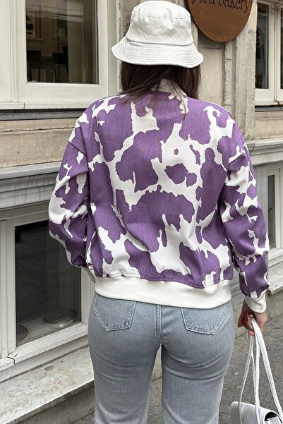 NEW LAVİVA Țesătură gabardină cu model violet pentru femei, croială confortabilă, buzunar cu clapă, jachetă bomber