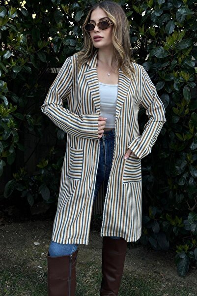 NEW LAVİVA Women's Yellow & Ecru Striped, Straw Rope Belt, Two Pockets, Long Linen Jacket