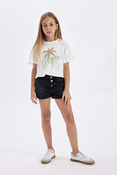 DeFacto Dívčí dvoudílné tričko s krátkým rukávem Crop Crew s potiskem C5254A824SM