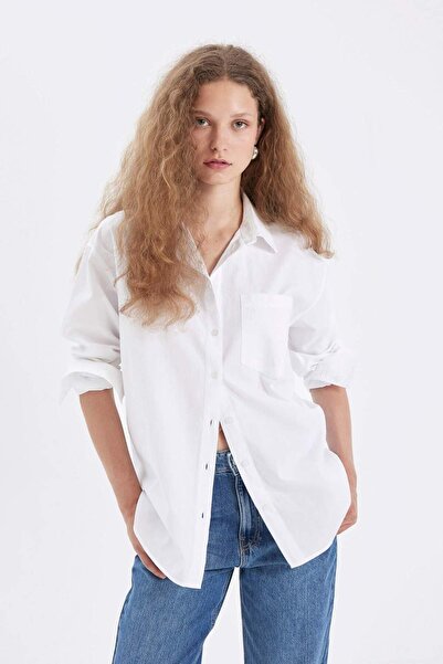 DeFacto Oversize Geniş Kalıp Basic Düz Düğmeli Poplin Uzun Kollu Gömlek U7763AZ24AU