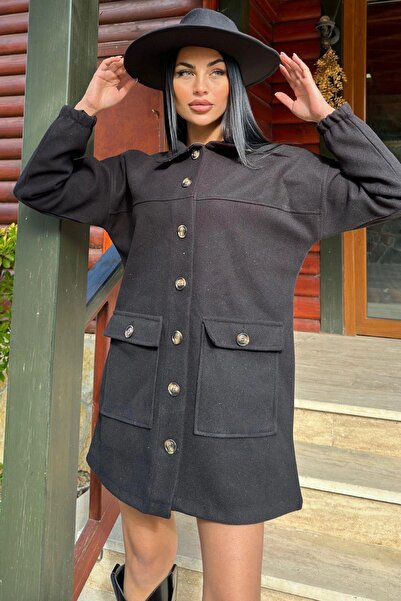 NEW LAVİVA Black Button Detailed Flap Pocket, Midi Fleece Stamp Jacket
