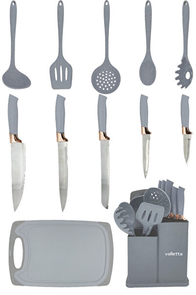 valletta Nairobi Heat Resistant Silicone Fireproof Non-Stick 12 Piece Serving Set with Stand Gray