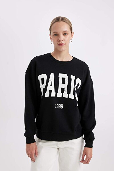 DeFacto Loose Fit Bisiklet Yaka Baskılı Kalın Siyah Sweatshirt C7810AX24WN