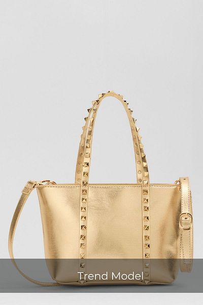 Madamra Gold Women's Staple Detailed Pu Leather Buckle Hand and Shoulder Bag