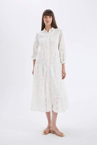 DeFacto Shirt Collar Voile Brode Half Sleeve Maxi White Dress D4401Ax24Au