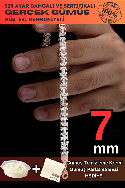 OSMANLI GÜMÜŞ 7mm 925 Ayar Gümüş Erkek Bileklik Künye Parlak Euro Kral Model