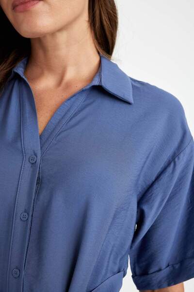 DeFacto Gömlek Yaka Kuşaklı Kısa Kollu Midi Elbise D2837AX24SM