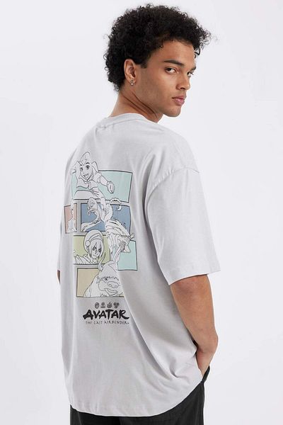 DeFacto 100% Cotton Avatar the Last Airbender Gray Oversize Wide Fit Crew Neck Back Printed Short Sleeve